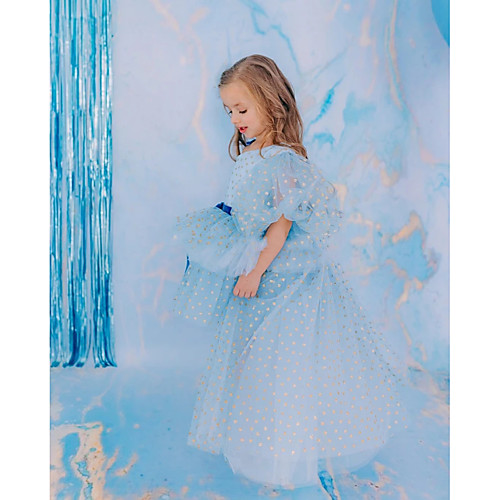

Princess Asymmetrical Flower Girl Dresses Party Tulle Short Sleeve Jewel Neck with Belt