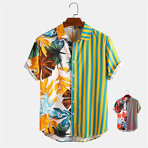 

Men's Shirt Other Prints Striped Plants Button-Down Print Short Sleeve Daily Tops Casual Hawaiian Yellow Red / Summer