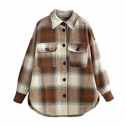 

Women's Jacket Holiday Fall & Winter Regular Coat Loose Jacket Long Sleeve Color Block Khaki Brown / Going out / Cotton
