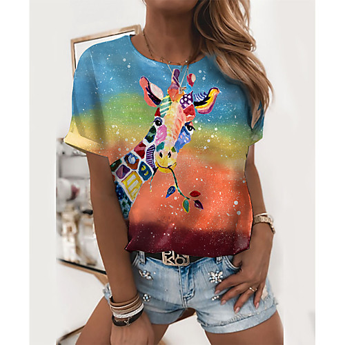 

Women's Painting T shirt Graphic 3D Giraffe Print Round Neck Basic Tops Green