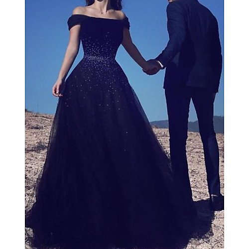 

A-Line Sparkle Elegant Engagement Formal Evening Dress Off Shoulder Sleeveless Floor Length Tulle with Pleats 2021