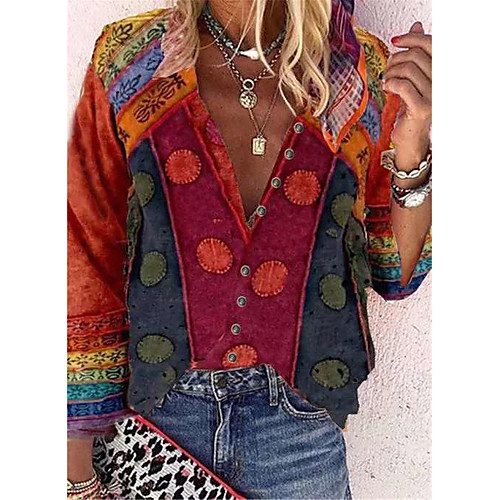 

Women's Blouse Shirt Graphic Print V Neck Basic Casual Tops Blue Red Orange
