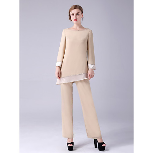 

Two Piece Jumpsuits Mother of the Bride Dress Elegant Sweet Jewel Neck Floor Length Chiffon Charmeuse 3/4 Length Sleeve with Beading 2021