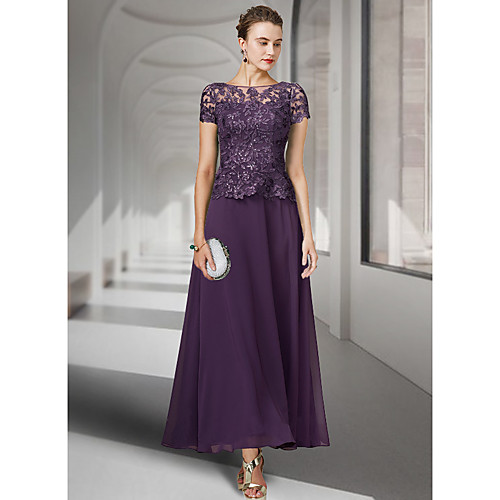 

A-Line Mother of the Bride Dress Elegant Jewel Neck Ankle Length Chiffon Lace Short Sleeve with Pleats Appliques 2021