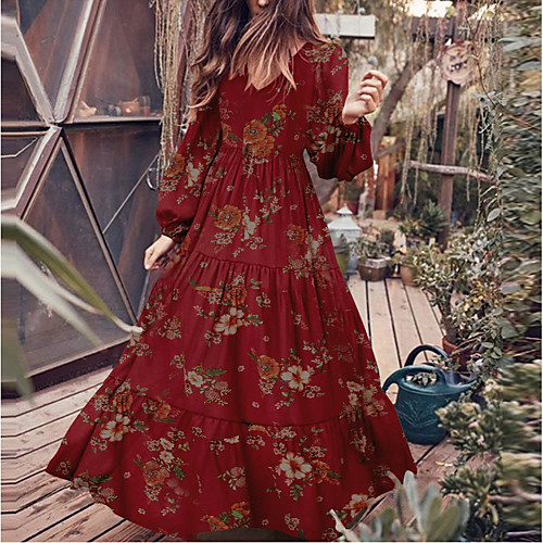 

Women's Swing Dress Maxi long Dress White Black Red Long Sleeve Floral Print Spring V Neck Elegant Going out Puff Sleeve 2021 S M L XL XXL 3XL 4XL 5XL