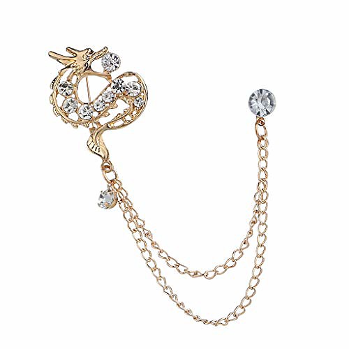 

Men's Crystal Rhinestone Dragon Hanging Chain Brooch Pin Tassels - Golden