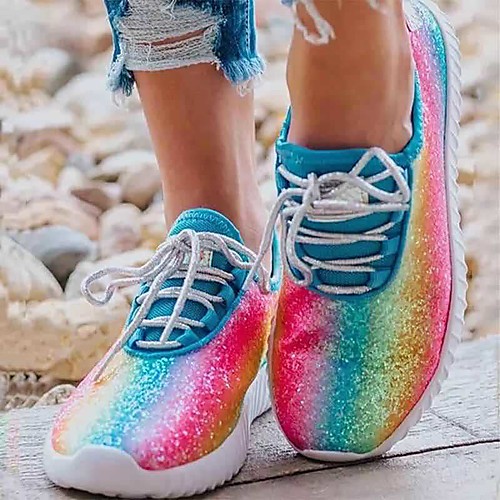 

Women's Trainers Athletic Shoes Fantasy Shoes Flat Heel Round Toe Casual Daily Walking Shoes PU Sequin Lace-up Color Block Purple Red Blue / Booties / Ankle Boots