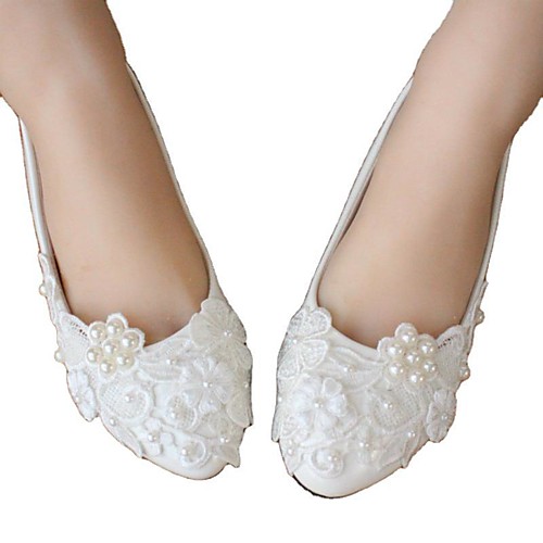 

Women's Wedding Shoes Flat Heel Round Toe Wedding Flats Wedding Walking Shoes PU Pearl Lace Floral White