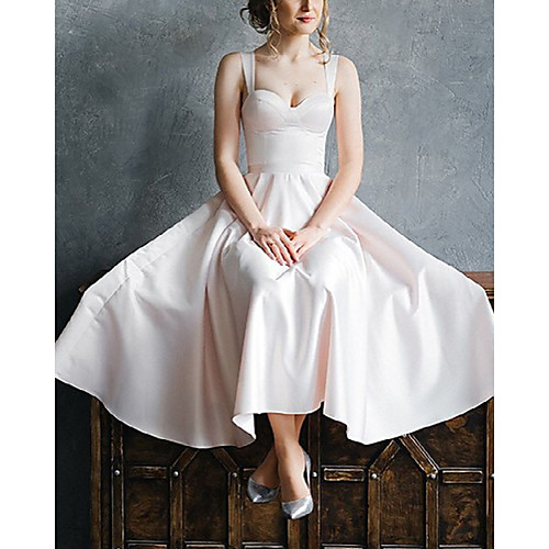 

A-Line Wedding Dresses V Neck Ankle Length Italy Satin Sleeveless Simple Vintage Little White Dress with Pleats 2021