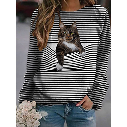 

Women's Pullover Sweatshirt Cat Graphic 3D Print Daily 3D Print Basic Casual Hoodies Sweatshirts Black