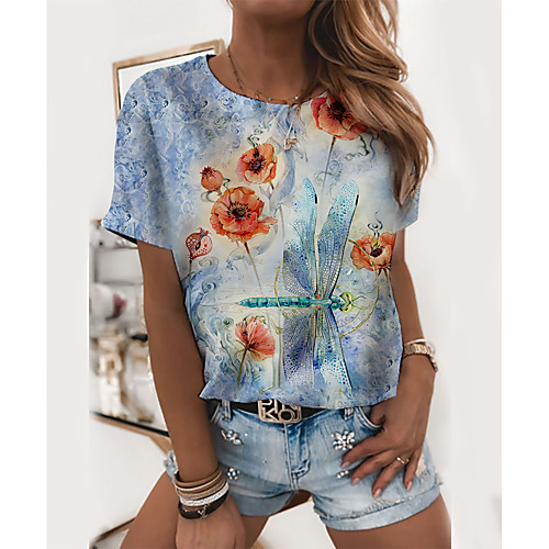 

Women's T shirt Graphic 3D Flower Print Round Neck Tops Basic Basic Top Light Blue