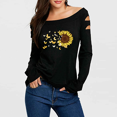 

Women's T shirt Graphic Butterfly Long Sleeve Print Off Shoulder Tops Basic Basic Top Black