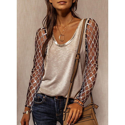 

Women's Blouse Plain Long Sleeve See Through Mesh Round Neck Tops Khaki