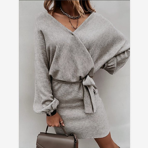 

Women's Wrap Dress Short Mini Dress Gray Black Red Long Sleeve Solid Color Patchwork Fall Winter V Neck Elegant Party Loose 2021 S M L XL