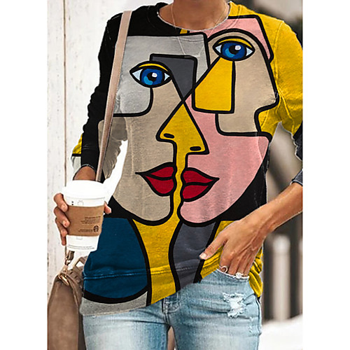 

Women's T shirt Graphic 3D Portrait Long Sleeve Print Round Neck Tops Basic Basic Top Yellow