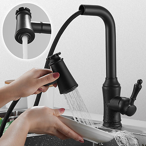 

Kitchen Faucet,Black Single Handle One Hole Electroplated Painted Finishes Pull-out Standard Spout/Spray 2Modes Tall ­High Arc Antique Kitchen Taps with Hot and Cold Switch