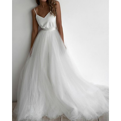 

A-Line Wedding Dresses V Neck Sweep / Brush Train Tulle Charmeuse Sleeveless Simple Beach with Pleats 2021