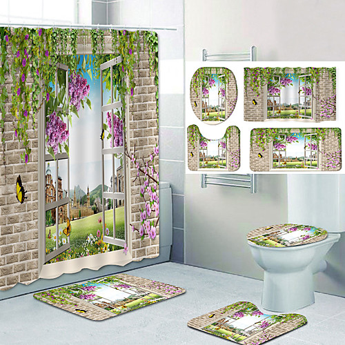 

Bathroom Shower Curtain & Mat Set Classic Polyester Waterproof