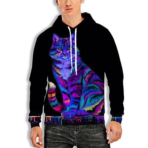 

Men's Pullover Hoodie Sweatshirt Cat 3D Animal Print Hooded Daily Holiday 3D Print 3D Print Hoodies Sweatshirts Long Sleeve Black