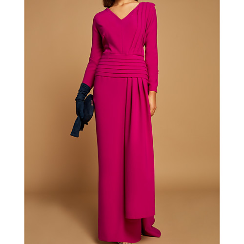 

Sheath / Column Mother of the Bride Dress Elegant V Neck Floor Length Stretch Fabric Long Sleeve with Pleats Ruching 2021