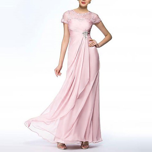 

Sheath / Column Empire Elegant Wedding Guest Formal Evening Dress Jewel Neck Short Sleeve Floor Length Chiffon with Ruched Crystals Appliques 2021