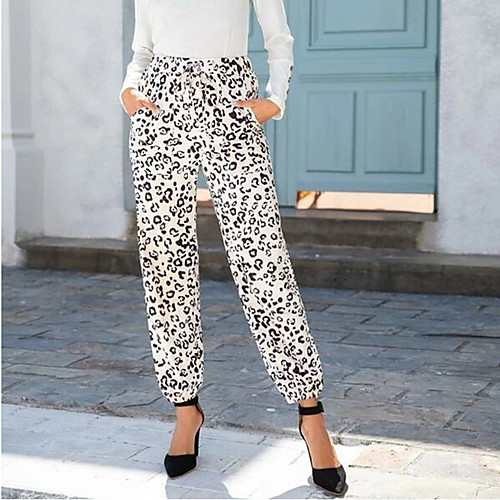 

Women's Stylish Daily Weekend Chinos Pants Leopard Full Length Drawstring White