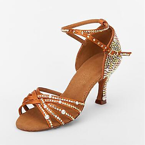 

Women's Latin Shoes Salsa Shoes Pearl Trim Edge Heel Sparkling Glitter Buckle High Heel Black Brown Cross Strap Teenager Adults' Glitter Crystal Sequined Jeweled Party Heels / Performance / Satin