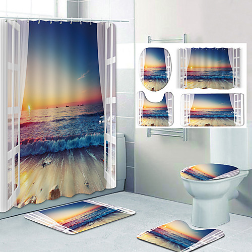 

Bathroom Shower Curtain & Mat Set Classic Polyester Waterproof