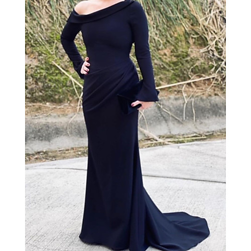

Mermaid / Trumpet Minimalist Elegant Wedding Guest Formal Evening Dress One Shoulder Long Sleeve Sweep / Brush Train Satin with Draping 2021