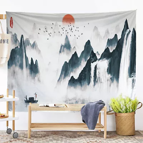 

Chinese Ink Painting Style Wall Tapestry Art Decor Blanket Curtain Hanging Home Bedroom Living Room Decoration Landscape River Mountain Crane Sun