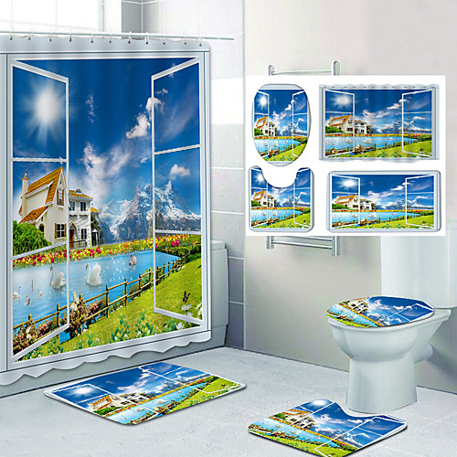 

Bathroom Shower Curtain & Mat Set Classic Polyester Waterproof