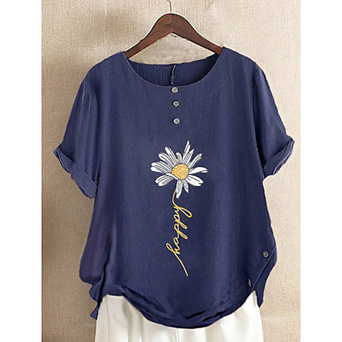 

Women's Blouse Shirt Floral Graphic Print Round Neck Tops Navy Blue