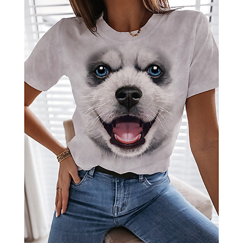 

Women's 3D Printed T shirt Dog Graphic 3D Print Round Neck Basic Tops White