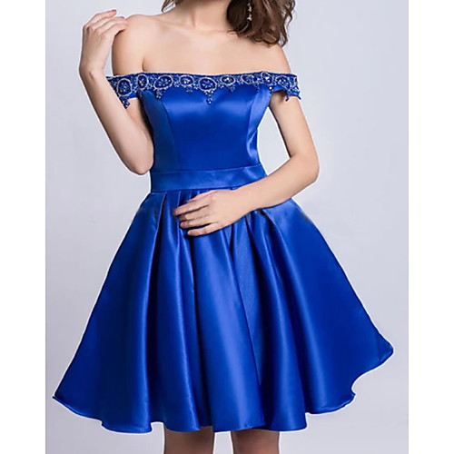 

A-Line Minimalist Sexy Homecoming Cocktail Party Dress Off Shoulder Sleeveless Short / Mini Satin with Pleats 2021
