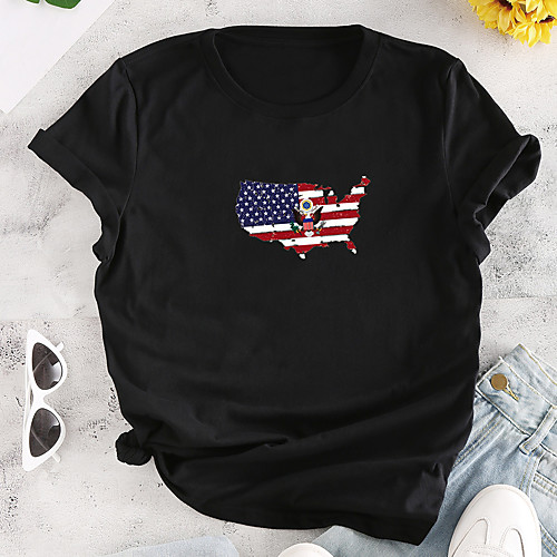 

Women's T shirt Graphic National Flag Print Round Neck Tops 100% Cotton Basic Basic Top Black Yellow Blushing Pink