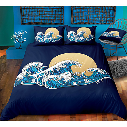 

ukiyo series wave print 3-piece duvet cover set hotel bedding sets comforter cover with soft lightweight microfiber, include 1 duvet cover, 2 pillowcases for double/queen/king(1 pillowcase for