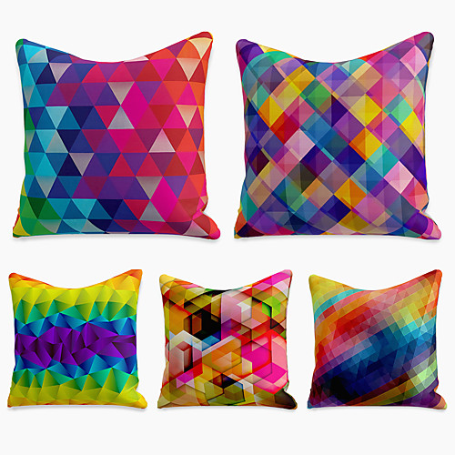 

5 pcs Faux Linen Pillow Cover, Print Simple Casual Square Polyester Traditional Classic