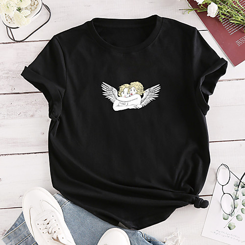 

Women's T shirt Graphic Print Round Neck Tops 100% Cotton Basic Basic Top Black Red Yellow