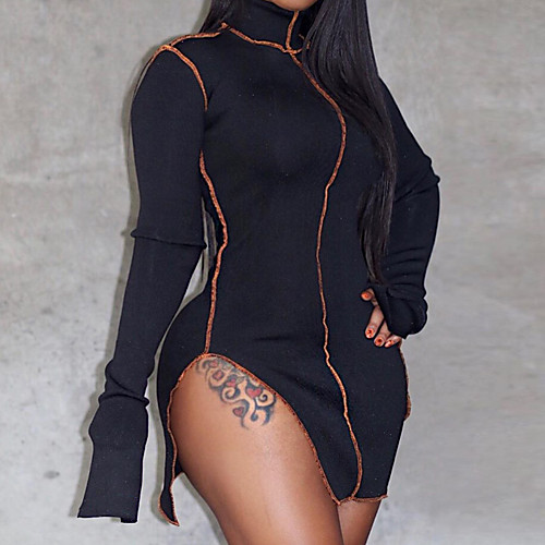 

Women's T Shirt Dress Tee Dress Short Mini Dress Purple Gray White Black Long Sleeve Solid Color Split Spring Summer Turtleneck Hot Club Skinny 2021 S M L