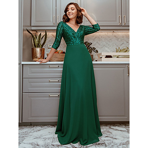 

Women's Chiffon Dress Maxi long Dress Wine Green White Navy Blue 3/4 Length Sleeve Solid Color Sequins Fall Spring Elegant Formal Loose 2021 S M L XL XXL 3XL 4XL 5XL 6XL 7XL