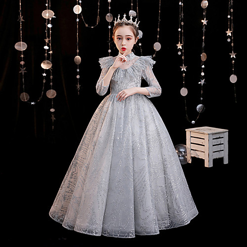 

Princess Floor Length Flower Girl Dresses Formal Evening Tulle 3/4 Length Sleeve High Neck with Pleats