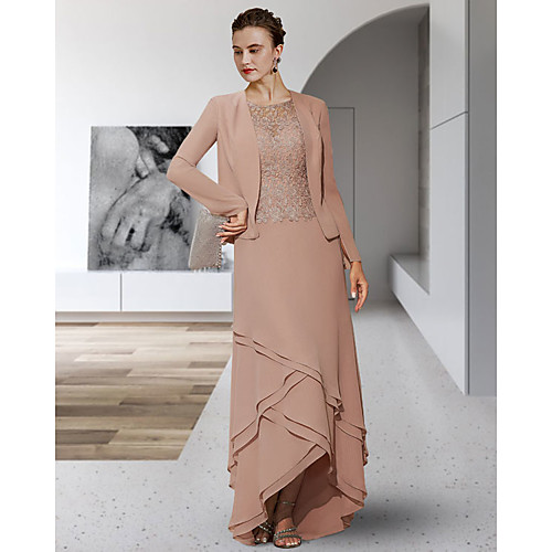 

Two Piece A-Line Mother of the Bride Dress Elegant Jewel Neck Asymmetrical Chiffon Lace Sleeveless with Tier Appliques 2021