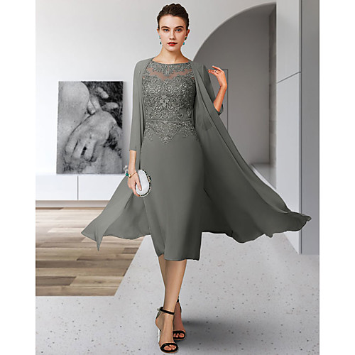 

Two Piece Sheath / Column Mother of the Bride Dress Elegant Jewel Neck Tea Length Chiffon Lace Sleeveless with Appliques 2021