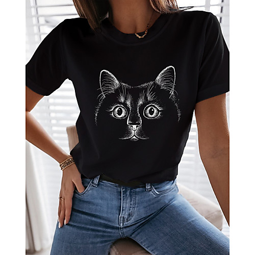 

Women's T shirt Cat Graphic Print Round Neck Tops 100% Cotton Basic Basic Top Black
