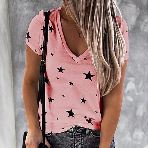 

Women's T shirt Graphic Print V Neck Tops Basic Basic Top White Blue Blushing Pink