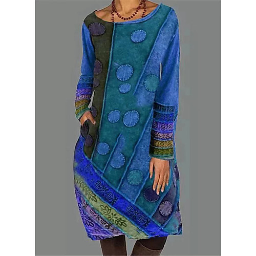 

Women's Shift Dress Midi Dress Blue Purple Green Orange Red Brown Long Sleeve Printed Print Spring Round Neck Vintage 2021 S M L XL XXL 3XL