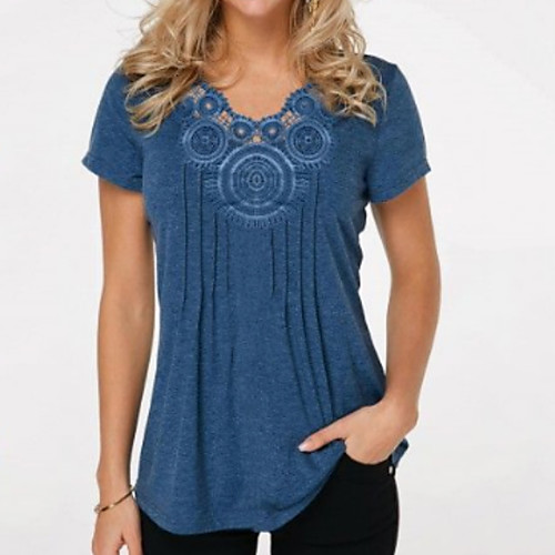 

Women's Blouse Plain Lace Trims V Neck Basic Tops Blue