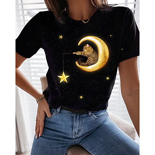 

Women's T shirt Cat Graphic Print Round Neck Tops Basic Basic Top Black