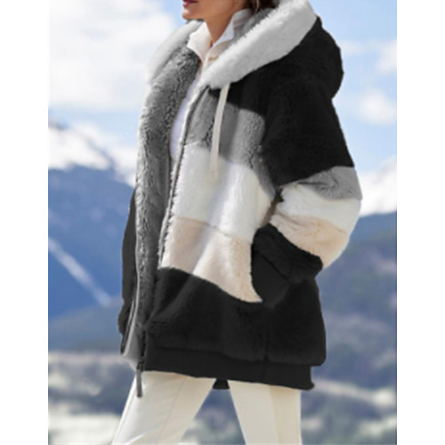

Women's Teddy Coat Going out Fall & Winter Regular Coat Loose Streetwear Jacket Long Sleeve Color Block Patchwork Big red Purple-female / Faux Fur / Work