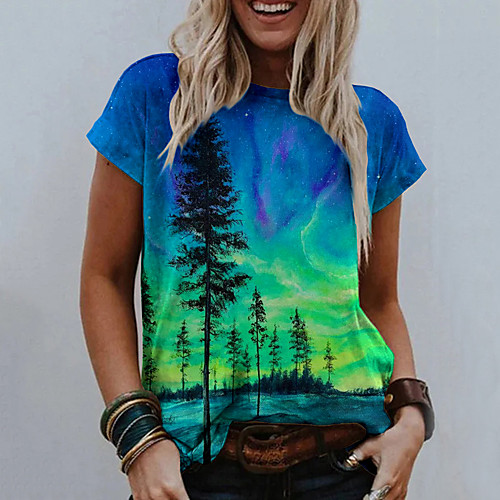 

Women's Painting T shirt Graphic Scenery 3D Print Round Neck Basic Tops Blue